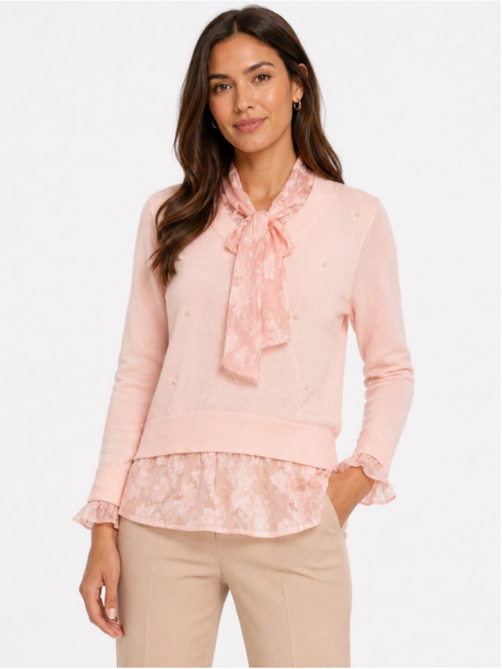 alice blue Pink Crew Neck Sweater with Lace & Pearls XL NWT